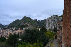 View of Taormina from the Ancient Greek Theatre in Sicily, Italy